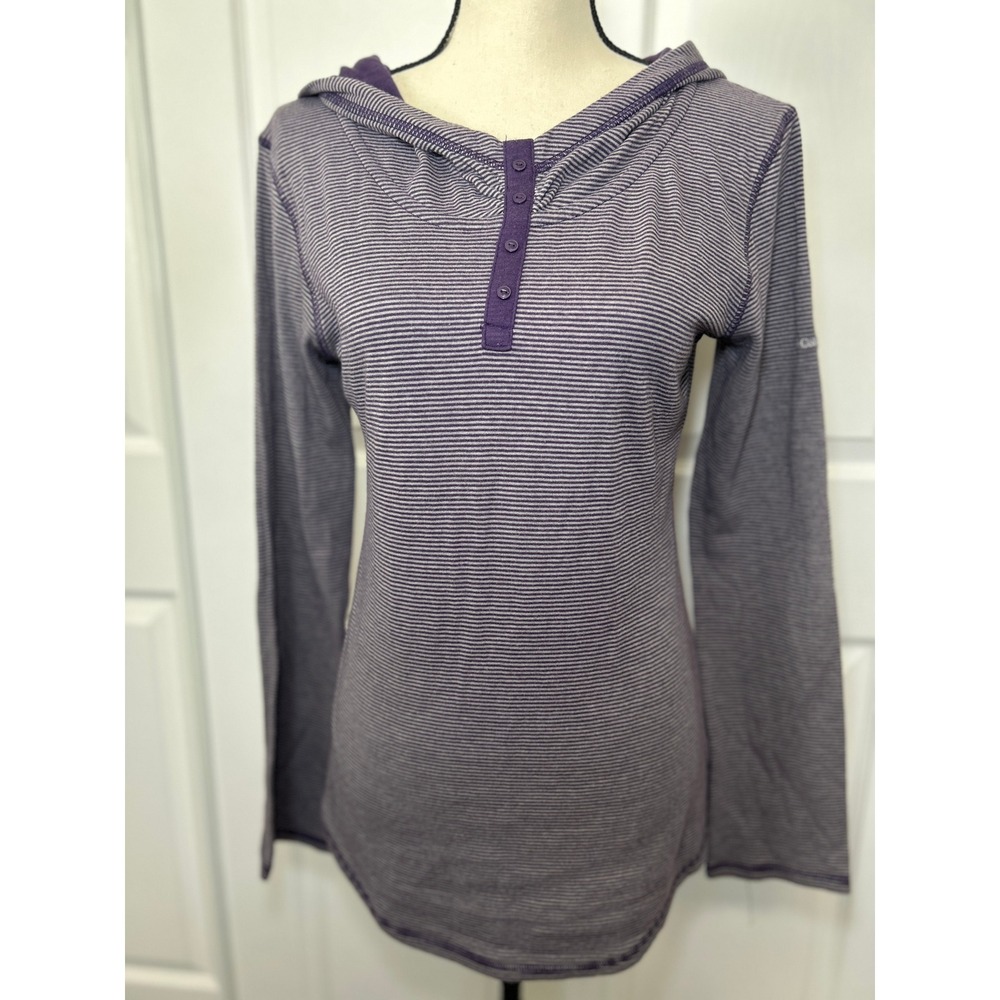 Columbia Striped Purple Henley Hoodie‎ Long Sleeve Pullover Sweatshirt Size Med